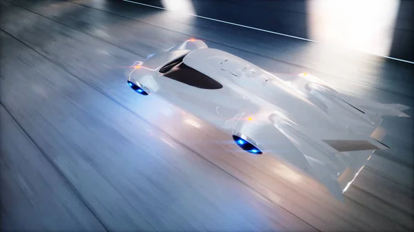 Carro voador futurista condução rápida no túnel sci fi, coridor. Conceito de futuro. Renderização 3d . — Fotografia de Stock