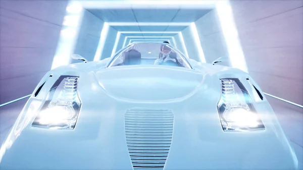 Futuristische vliegende auto met vrouw snel rijden in sci fi tunnel, coridor. Concept van de toekomst. 3D-rendering. — Stockfoto