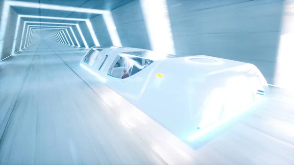 Futurisztikus repülő busz emberek gyors vezetés sci fi alagút, Coridor. A jövő fogalma. 3D-s renderelés. — Stock Fotó