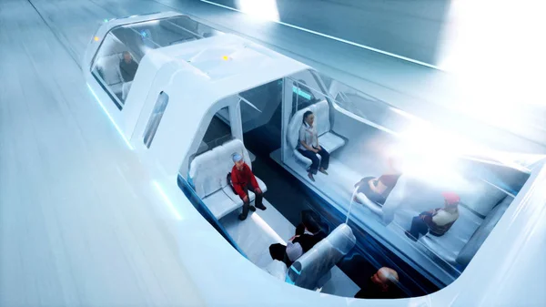 Ônibus voador futurista com pessoas de condução rápida no túnel sci fi, coridor. Conceito de futuro. Renderização 3d . — Fotografia de Stock