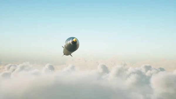 Ballistische Atomrakete, die über Wolken fliegt. Krieg und militärisches Konzept. 3D-Darstellung. — Stockfoto