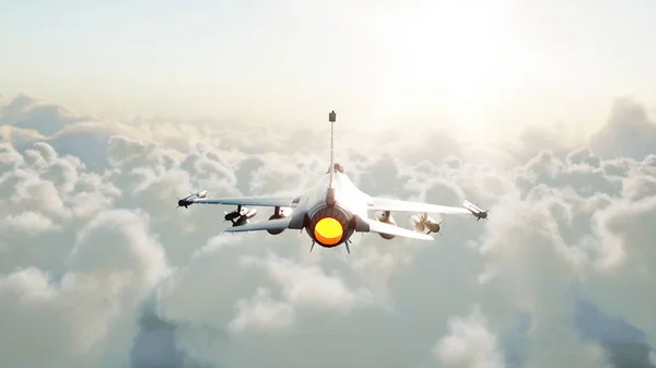 구름을 통해 비행 하는 제트, 파이터. 전쟁과 무기 개념입니다. 3 차원 렌더링. — 스톡 사진