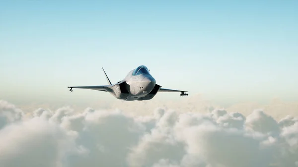 Jet, chasseur survolant les nuages. Guerre et concept d'arme. Rendu 3d . — Photo