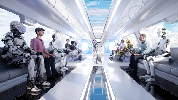 사람과 로봇입니다. 미래 모노레일 교통입니다. 미래의 개념입니다. 현실적인 4 k 애니메이션. — 스톡 사진