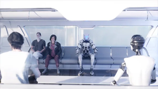人とロボット。未来的なモノレール輸送。未来のコンセプトです。リアル 4 k アニメーション. — ストック写真