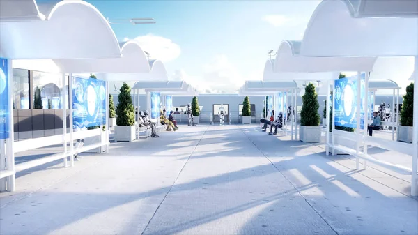 Gente y robots. Estación de ciencia ficción. Transporte monorraíl futurista. Concepto de futuro. renderizado 3d . — Foto de Stock