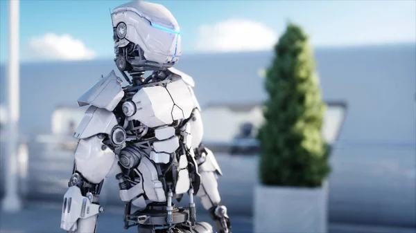 Az emberek és a robotok. Sci fi állomás. Futurisztikus egysínű vasút közlekedés. Koncepciót a jövő. 3D-leképezés. — Stock Fotó