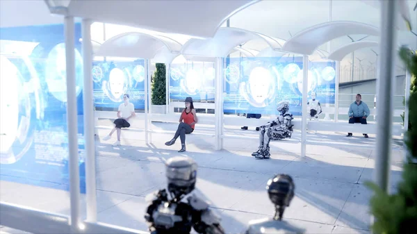 Gente y robots. Estación de ciencia ficción. Transporte monorraíl futurista. Concepto de futuro. renderizado 3d . — Foto de Stock