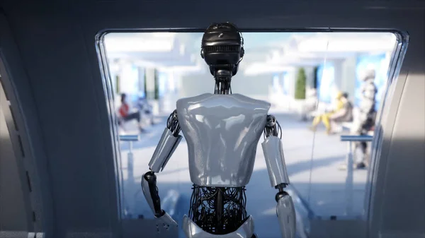 Női robot séta. Sci fi állomás. Futurisztikus egysínű vasút közlekedés. Koncepciót a jövő. Az emberek és a robotok. 3D-leképezés. — Stock Fotó