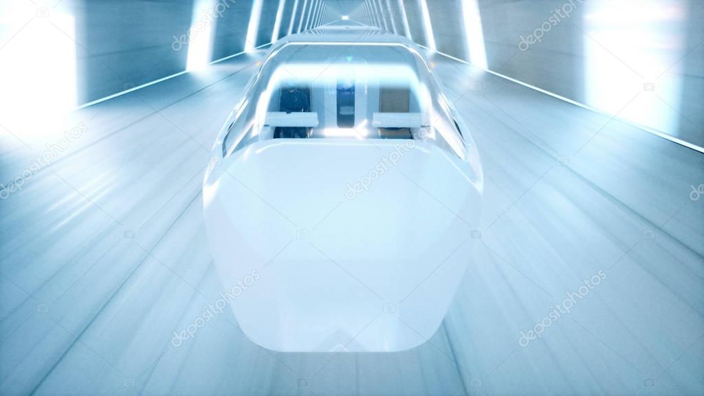 futuristic flying bus with peoples fast driving in sci fi tunnel, coridor. Concept of future. 3d rendering.