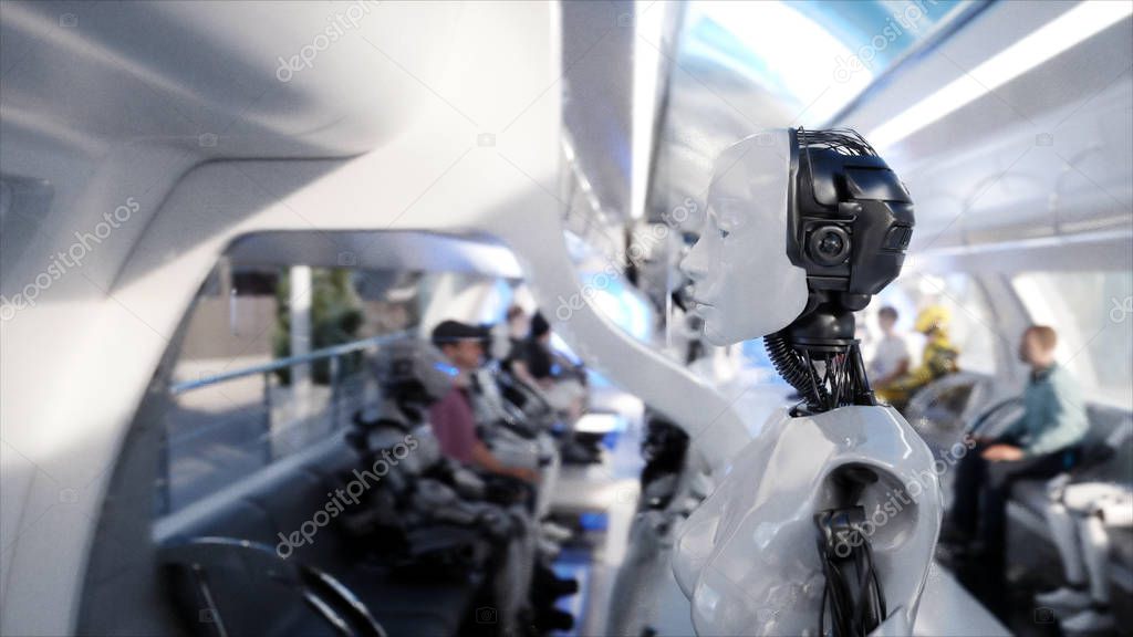 Female robot walking. Sci fi station. Futuristic monorail transport. Concept of future. People and robots. 3d rendering.