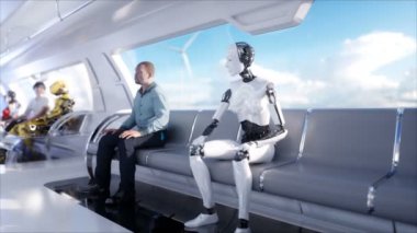 İnsanlar ve robotlar. Fütüristik tek raylı taşıma. Gelecek kavramı. Gerçekçi 4 k animasyon.