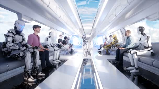 Menschen und Roboter. futuristischer Schwebebahn-Transport. Zukunftskonzept. realistische 4k-Animation. — Stockvideo