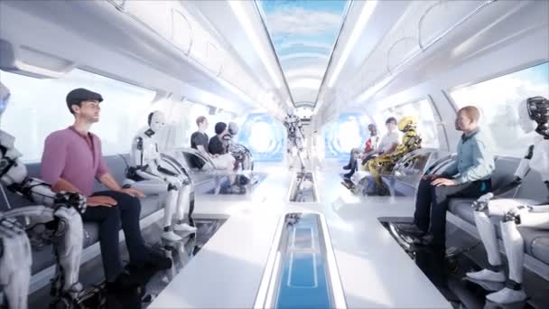 Gente y robots. Transporte monorraíl futurista. Concepto de futuro. Animación realista 4K . — Vídeos de Stock