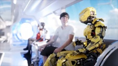 İnsanlar ve robotlar. Fütüristik tek raylı taşıma. Gelecek kavramı. Gerçekçi 4 k animasyon.