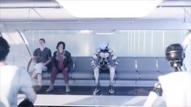 İnsanlar ve robotlar. Fütüristik tek raylı taşıma. Gelecek kavramı. Gerçekçi 4 k animasyon.