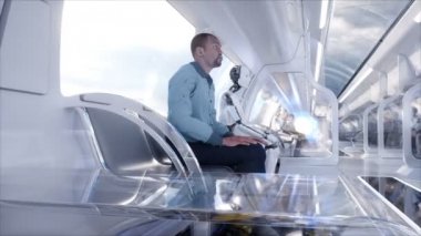 İnsanlar ve robotlar. Fütüristik tek raylı taşıma. Gelecek kavramı. Gerçekçi 4 k animasyon.