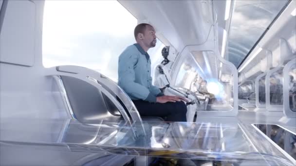 Gente y robots. Transporte monorraíl futurista. Concepto de futuro. Animación realista 4K . — Vídeo de stock