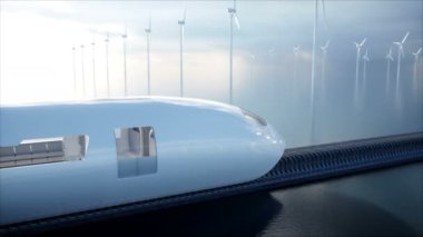 mutlu fütüristik Monoray tren. Sci fi istasyonu. Gelecek kavramı. İnsanlar ve robotlar. Su ve Rüzgar enerji. Gerçekçi 4 k animasyon.