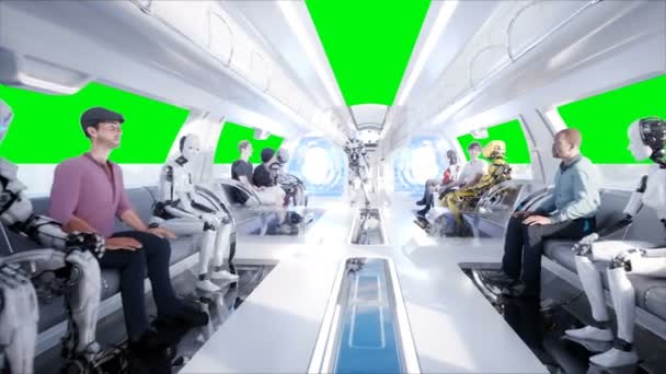 Pessoas e robôs. Transporte de monotrilho futurista. Conceito de futuro. Tela verde. Animação 4K realista . — Vídeo de Stock