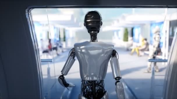 Robot donna che cammina. Stazione scientifica. Trasporto monorotaia futuristico. Concetto di futuro. Persone e robot. Animazione 4K realistica . — Video Stock