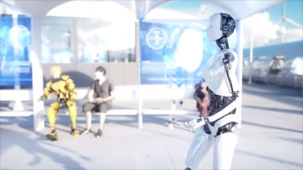 Robot femenino caminando. Estación de ciencia ficción. Transporte monorraíl futurista. Concepto de futuro. Gente y robots. Animación realista 4K . — Vídeos de Stock
