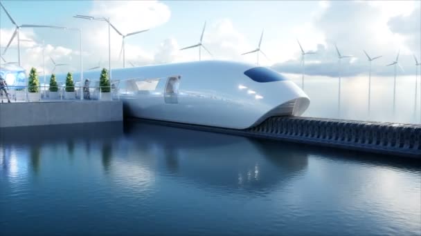 Speedly 미래 모노레일 열차입니다. Sci fi 역입니다. 미래의 개념입니다. 사람과 로봇입니다. 물과 바람 에너지입니다. 현실적인 4 k 애니메이션. — 비디오