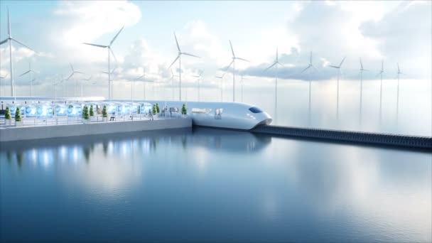Fart futuristiska monorail tåget. Sci fi station. Begreppet framtid. Människor och robotar. Vatten och vind energi. Realistisk 4 k animation. — Stockvideo