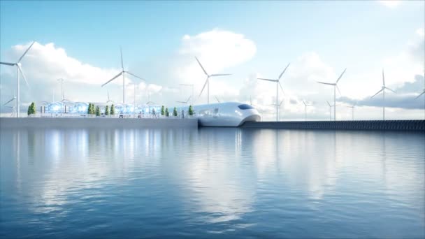 Speedly futuristische monorail trein. Sci fi station. Concept van de toekomst. Mensen en robots. Water en wind energie. Realistische 4 k-animatie. — Stockvideo