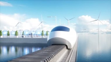 mutlu fütüristik Monoray tren. Sci fi istasyonu. Gelecek kavramı. İnsanlar ve robotlar. Su ve Rüzgar enerji. Gerçekçi 4 k animasyon.