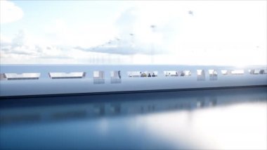 mutlu fütüristik Monoray tren. Gelecek kavramı. İnsanlar ve robotlar. Su ve Rüzgar enerji. Gerçekçi 4 k animasyon.