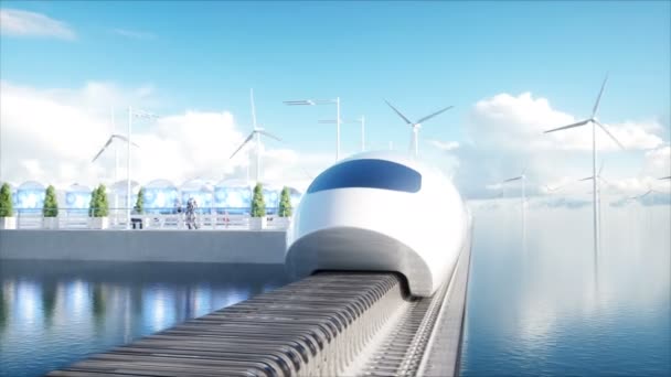 Speedly Futuristic monorail train. Sci fi station. Concept of future. People and robots. Water and wind energy. Realistic 4K animation. — Stock Video
