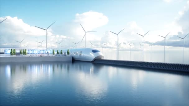 快速未来的单轨列车。科幻电台。未来的概念。人和机器人。水和风能。逼真的4k 动画. — 图库视频影像