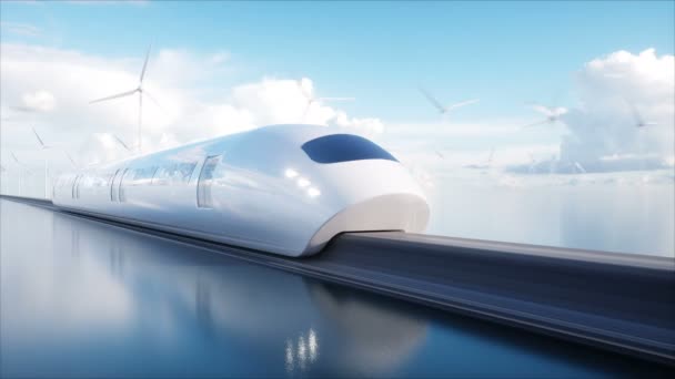 Fart futuristiska monorail tåget. Begreppet framtid. Människor och robotar. Vatten och vind energi. Realistisk 4 k animation. — Stockvideo