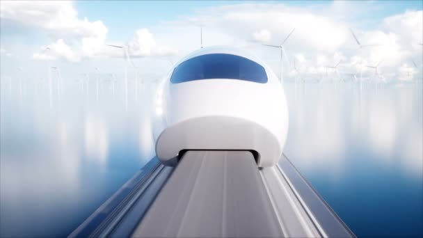 Fart futuristiska monorail tåget. Begreppet framtid. Människor och robotar. Vatten och vind energi. Realistisk 4 k animation. — Stockvideo