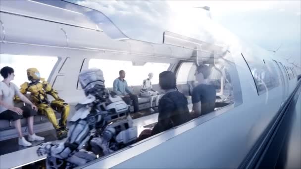 Tren monorraíl rápidamente futurista. Concepto de futuro. Gente y robots. Agua y energía eólica. Animación realista 4K . — Vídeo de stock