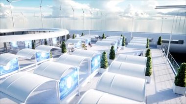 İnsanlar ve robotlar. Sci fi istasyonu. Fütüristik tek raylı taşıma. Gelecek kavramı. Gerçekçi 4 k animasyon.