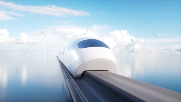 Явно футуристический монорельсовый поезд. Концепция будущего. Люди и роботы. Вода и энергия ветра. Реалистичная 4K-анимация . — стоковое видео