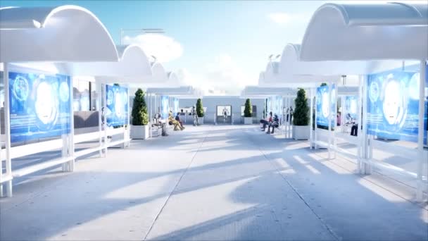 Mensen en robots. Sci fi station. Futuristische monorail vervoer. Concept van de toekomst. Realistische 4 k-animatie. — Stockvideo