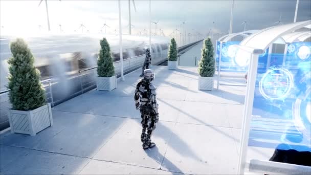 Gente y robots. Estación de ciencia ficción. Transporte monorraíl futurista. Concepto de futuro. Animación realista 4K . — Vídeos de Stock