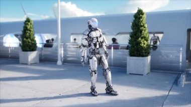 İnsanlar ve robotlar. Sci fi istasyonu. Fütüristik tek raylı taşıma. Gelecek kavramı. Gerçekçi 4 k animasyon.