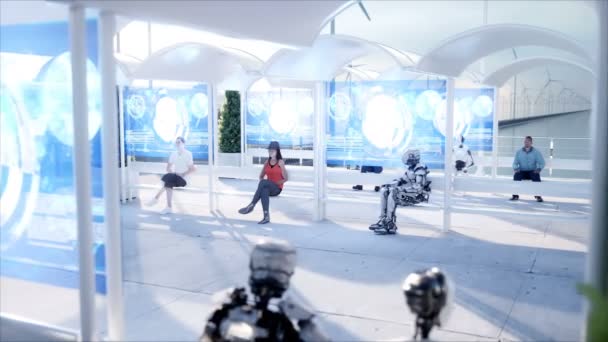 Gente y robots. Estación de ciencia ficción. Transporte monorraíl futurista. Concepto de futuro. Animación realista 4K . — Vídeos de Stock