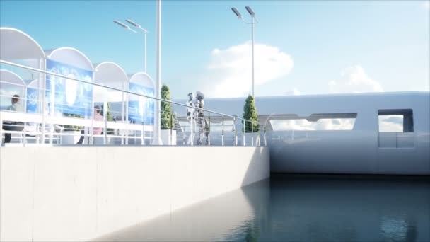 Mensen en robots. Sci fi station. Futuristische monorail vervoer. Concept van de toekomst. Realistische 4 k-animatie. — Stockvideo