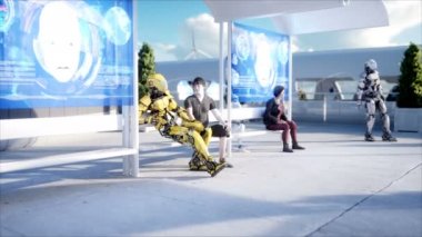 İnsanlar ve robotlar. Sci fi istasyonu. Fütüristik tek raylı taşıma. Gelecek kavramı. Gerçekçi 4 k animasyon.