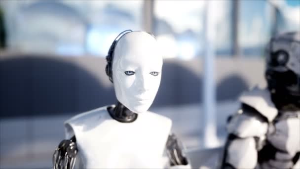 人とロボット。Sci fi ステーション。未来的なモノレール輸送。未来のコンセプトです。リアル 4 k アニメーション. — ストック動画