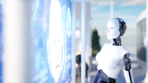 Pessoas e robôs. Estação de ficção científica. Transporte de monotrilho futurista. Conceito de futuro. Animação 4K realista . — Vídeo de Stock