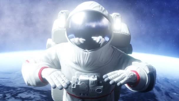 Astronaut levitatie in de ruimte. Realistische 4k animatie. — Stockvideo