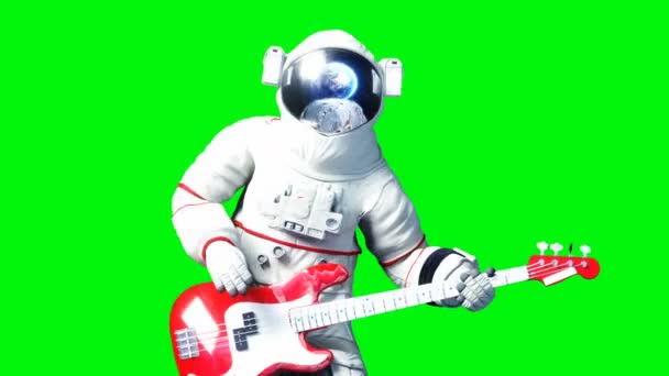 Drôle astronaute jouer à la guitare basse. Écran vert. Animation réaliste 4k . — Video