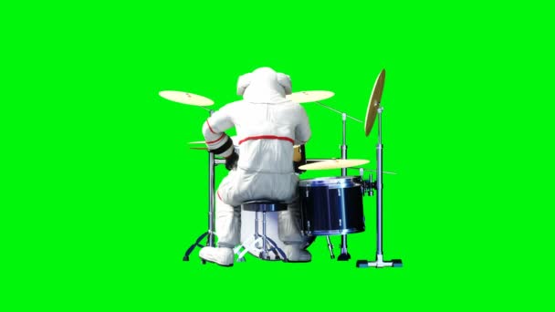 Rolig astronaut spela till trummor. Grön skärm. Realistisk 4 k animation. — Stockvideo