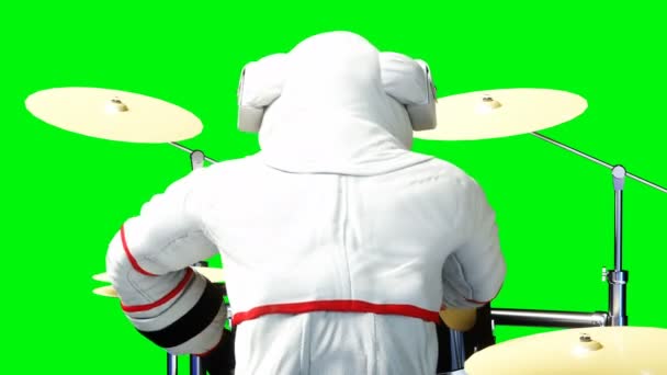 Grappige astronaut spelen op drums. Groen scherm. Realistische 4 k-animatie. — Stockvideo